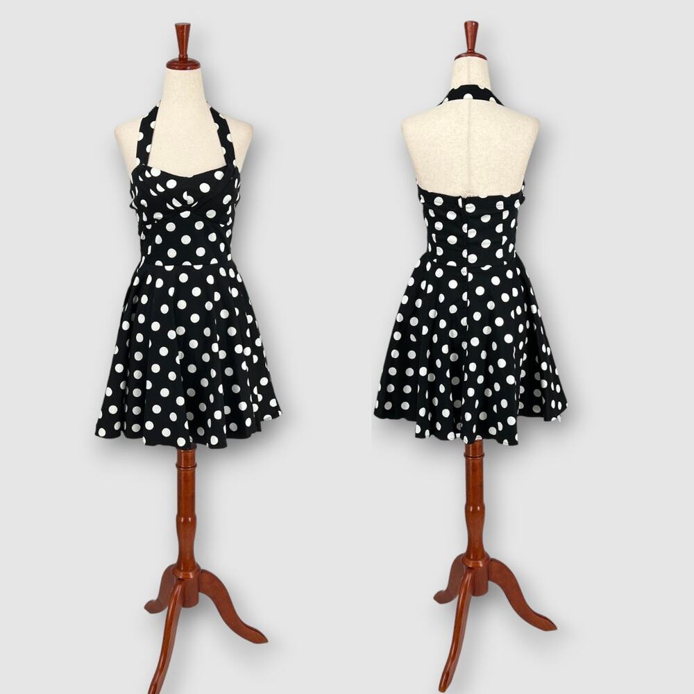 ModCloth Black & White Polka Dot Halter Fit & Flare Dress Retro Pinup Size Small